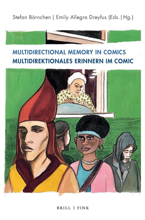 Titel: "Multidirectional Memory in Comics", Illustration von Personen in bunter, stilisierter Form.