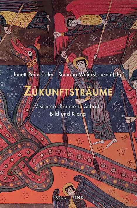 „Zukunftsträume: Visionäre Räume in Schrift, Bild und Klang“ von Janett Reinstädler und Romana Weiershausen. Illustration: Engel auf rot-blauem Hintergrund.