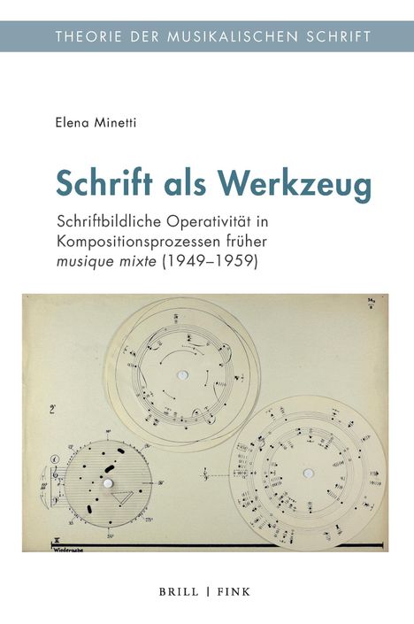 „Theorie der musikalischen Schrift“ oben, darunter „Elena Minetti“ und „Schrift als Werkzeug“. Unten geometrische Notengrafik.