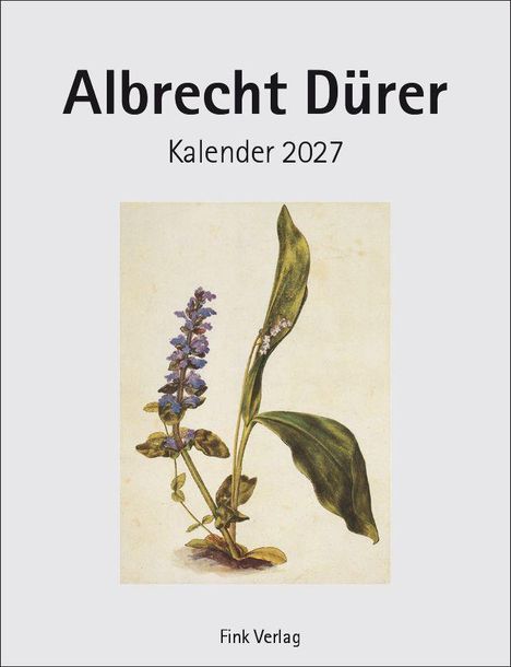 Albrecht Dürer Kalender 2027, Fink Verlag. Illustration von Pflanzen mit grünen Blättern und lila Blüten.