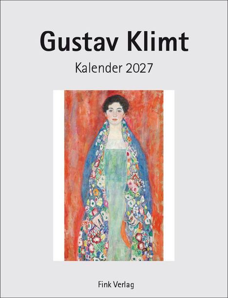 "Gustav Klimt Kalender 2027" und "Fink Verlag". Illustration einer Frau in einem farbenfrohen Kleid.