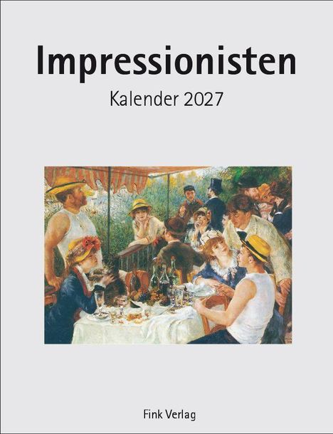 "Impressionisten Kalender 2027" darüber eine fröhliche Impressionismus-Szene eines geselligen Treffens unter einem Sonnenschirm.