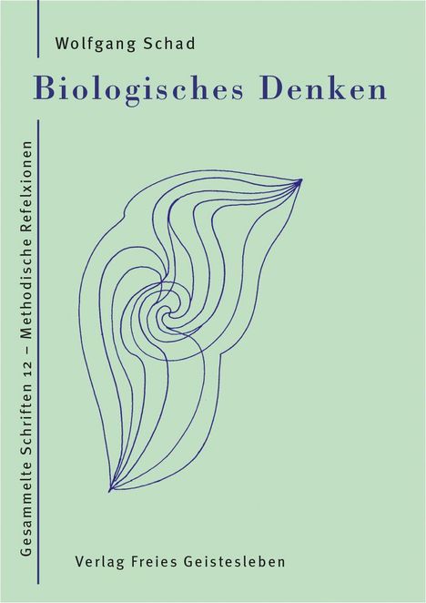 "Biologisches Denken" von Wolfgang Schad. Verlag Freies Geistesleben. Spiralförmiges blaues Muster auf hellgrünem Hintergrund.