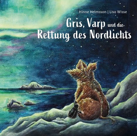 "Gris, Varp und die Rettung des Nordlichts." Illustration: Ein Tier schaut zu Nordlichtern über einem Meer mit Inseln.