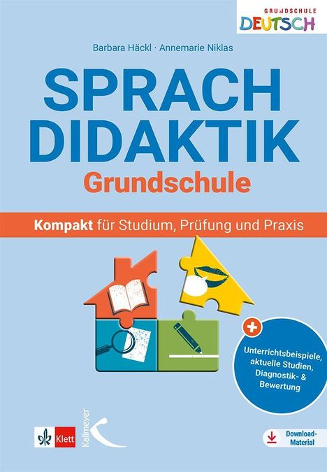 "Buch 'Sprachdidaktik Grundschule'. Puzzle-Stücke mit Buch, Blatt, Lupe, Stift. Logos von 'Klett' und 'Kallmeyer'."