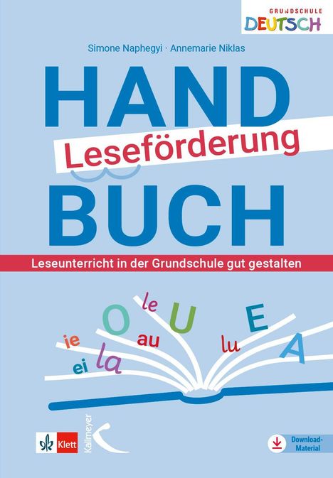 "Handbuch Leseförderung" in großen, bunten Buchstaben. Offenes Buch mit Vokalen. Grundschule Deutsch Logo oben rechts.
