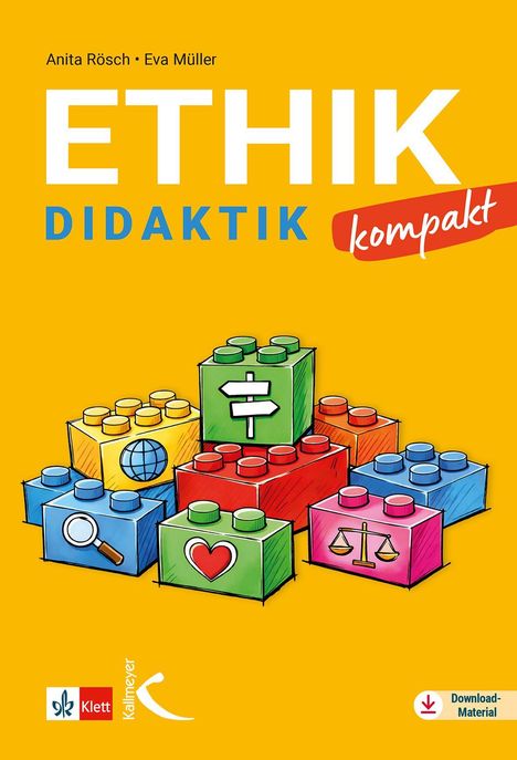 "ETHIK DIDAKTIK kompakt" in großen, bunten Buchstaben. Bunte Bauklötze mit Symbolen: Herz, Waage, Lupe, Weltkugel.