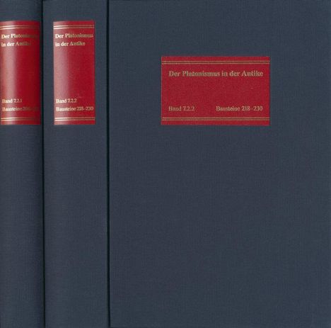 Zwei dunkelblaue Buchrücken mit roten Etiketten: "Der Platonismus in der Antike", Band 7.2.1 und 7.2.2, Bausteine 206–230.