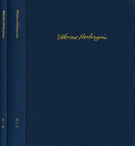 Zwei dunkelblaue Buchrücken: "Bibliotheca Heterogenia II 6,1", "II 6,2". Mittig: Goldene Signatur "Valerius Herbergerius".