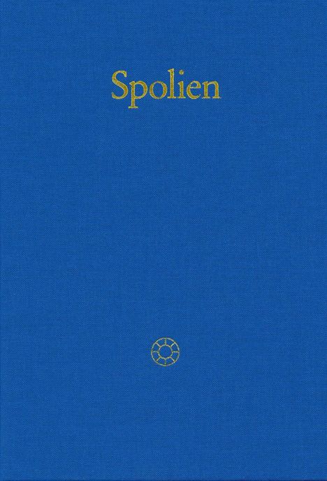 "Spolien" steht in goldener Schrift oben, darunter ein kleines goldfarbenes Kreisornament auf blauem Hintergrund.