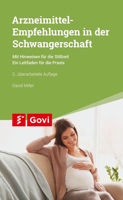 Text oben: "Arzneimittel-Empfehlungen in der Schwangerschaft". Frau sitzt lächelnd auf Sofa, hält ihren Babybauch. Govi-Logo.
