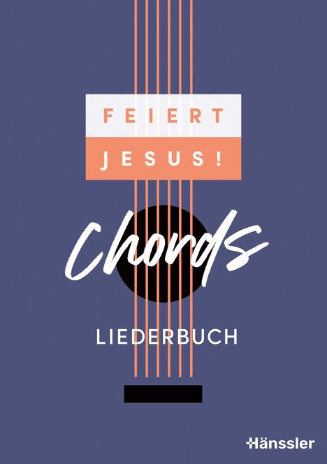 "Feiert Jesus! Chords Liederbuch" auf blauem Hintergrund. Gitarrensaiten-Illustration und ein Logo unten rechts.
