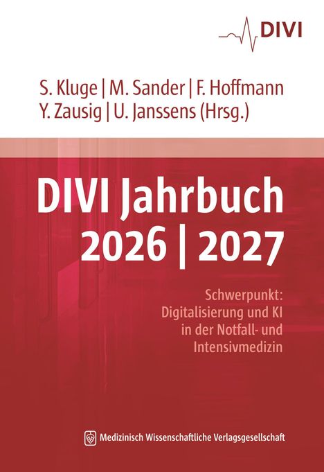 „DIVI Jahrbuch 2026 | 2027“, Schwerpunkt auf Digitalisierung und KI in der Notfall- und Intensivmedizin; roter Hintergrund.