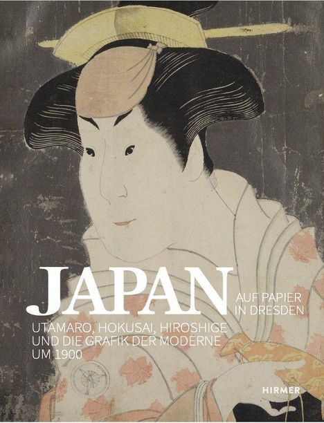 Text: "Japan auf Papier in Dresden. Utamaro, Hokusai, Hiroshige und die Grafik der Moderne um 1900." Illustration: Ein traditioneller japanischer Charakter mit Kimono.