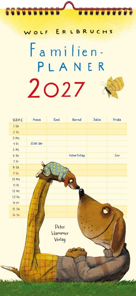 Text: "Familien-Planer 2027", Wochentage und Namen, z.B. "Anna", Events z.B. "Geburtstag". Illustration eines Hundes und kleiner Hund.