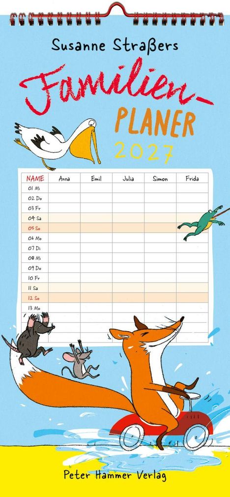 "Familien-Planer 2027" ist groß geschrieben. Illustration: Ein Fuchs fährt ein rotes Auto, umgeben von Tieren.