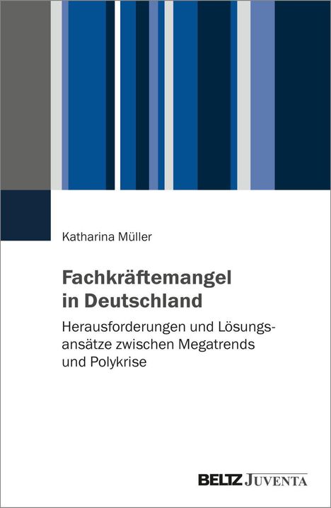 Text: "Katharina Müller. Fachkräftemangel in Deutschland. Herausforderungen und Lösungsansätze zwischen Megatrends und Polykrise." Grafik: Vertikale blaue und graue Streifen.