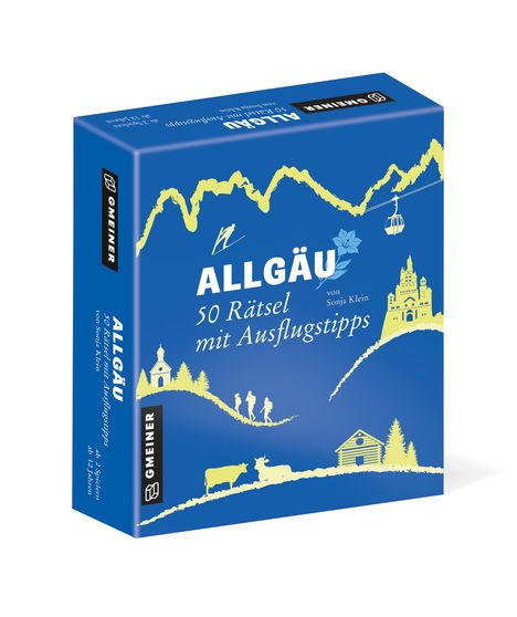 "ALLGÄU 50 Rätsel mit Ausflugstipps von Sonja Klein" steht auf einer blauen Box mit gelben Berg- und Waldsilhouetten.
