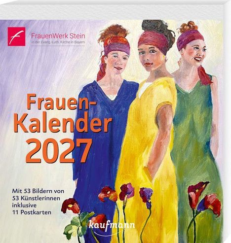 „Frauen-Kalender 2027“, Illustration: Drei Frauen in bunten Kleidern, lila Hintergrund. Logo oben links.
