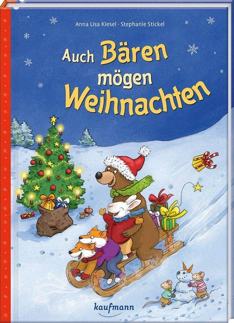 "Auch Bären mögen Weihnachten" in gelber Schrift. Bär und Tiere rodeln fröhlich im Schnee, Weihnachtsbaum im Hintergrund.