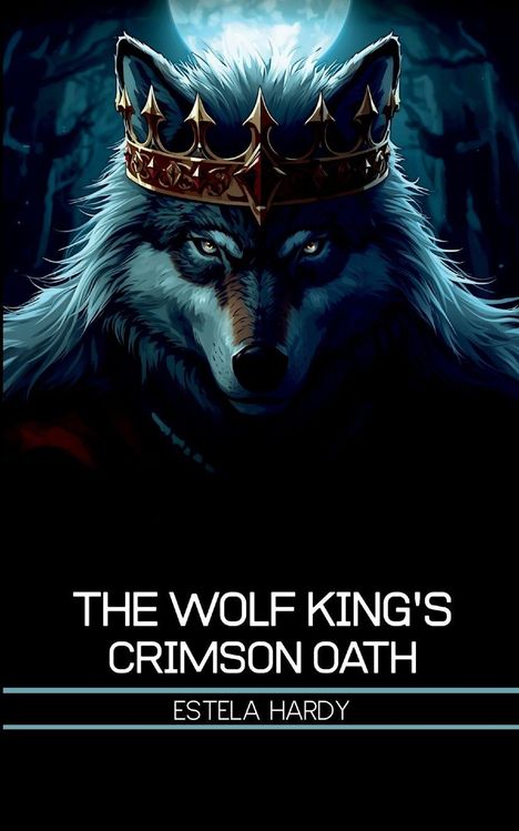 "The Wolf King's Crimson Oath" von Estela Hardy. Illustration: Ein Wolf mit Krone bei Vollmond in einem dunklen Wald.