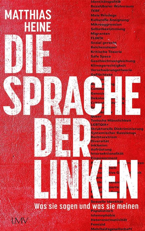 Buchtitel: "Die Sprache der Linken" von Matthias Heine. Roter Hintergrund mit weißen und schwarzen Texten.