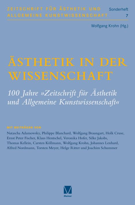 ÄSTHETIK IN DER WISSENSCHAFT, 100 Jahre Zeitschrift; blaue Hintergrund, gelbe und weiße Schrift, Meiner Logo unten.