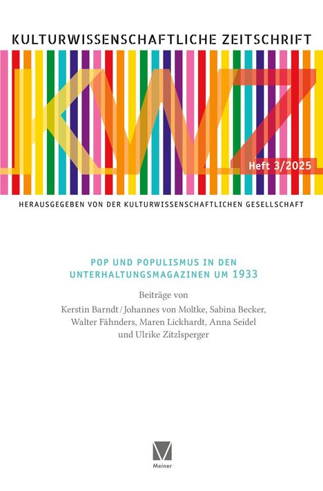 Titel: Kulturwissenschaftliche Zeitschrift. Ausgabe 3/2025. Bunte Balken mit großen KWZ-Buchstaben. Thema: Populismus 1933.