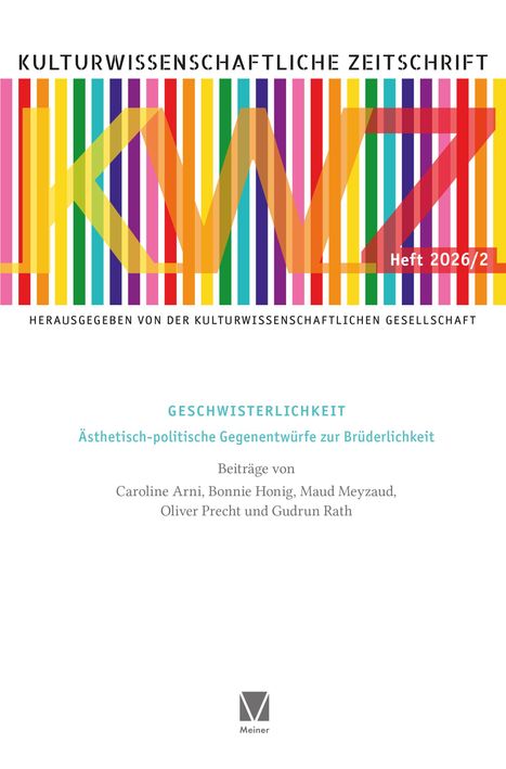 Text: "Heft 2026/2, GESCHWISTERLICHKEIT, Beiträge von Caroline Arni, Bonnie Honig, Maud Meyzaud, Oliver Precht und Gudrun Rath." Hintergrund: Bunte Streifen mit dem Logo unten.