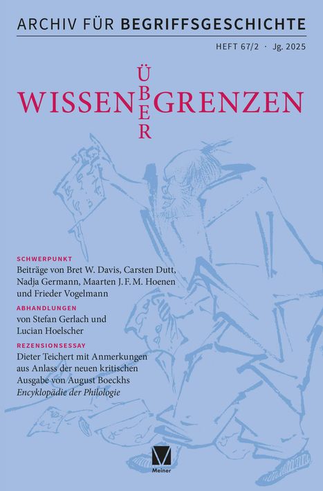 ARCHIV FÜR BEGRIFFSGESCHICHTE - Wissen über Grenzen. Zeichnung eines Gelehrten, der einen Text in der Hand hält.