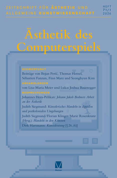 Cover der Zeitschrift „Ästhetik des Computerspiels“ mit Schwerpunkt-Beiträgen und Abhandlungen in einem blauen Design.