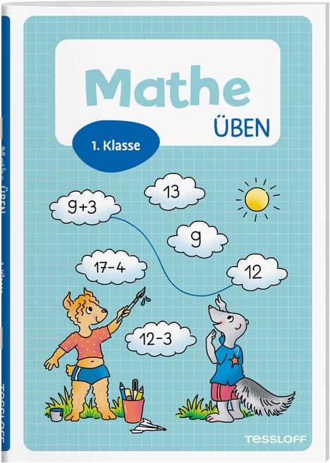 „Mathe üben, 1. Klasse“. Zwei Tiere malen Wolken mit Zahlen und Rechenaufgaben auf kariertem Hintergrund.