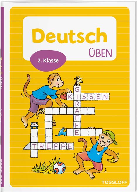 Text: "Deutsch üben 2. Klasse". Zwei Affen spielen mit einem Kreuzworträtsel. Wörter: "KISSEN", "GIRAFFE", "TREPPE".