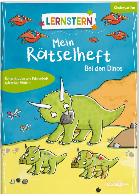 Titel "Mein Rätselheft bei den Dinos". Kindergarten. Illustration mit grünen Dinosauriern und fliegenden Tieren.