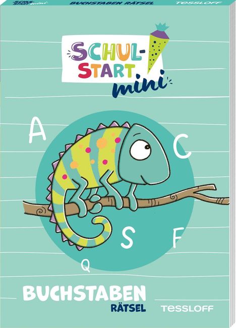 „SCHUL-START mini“, „BUCHSTABEN RÄTSEL“. Illustratives Chamäleon auf Ast, pastellfarbener Hintergrund, Buchstaben.