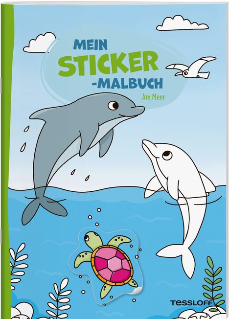 „MEIN STICKER-MALBUCH Am Meer“. Zwei Delfine im Wasser, einer bunt, einer zum Ausmalen. Eine bunte Schildkröte schwimmt.