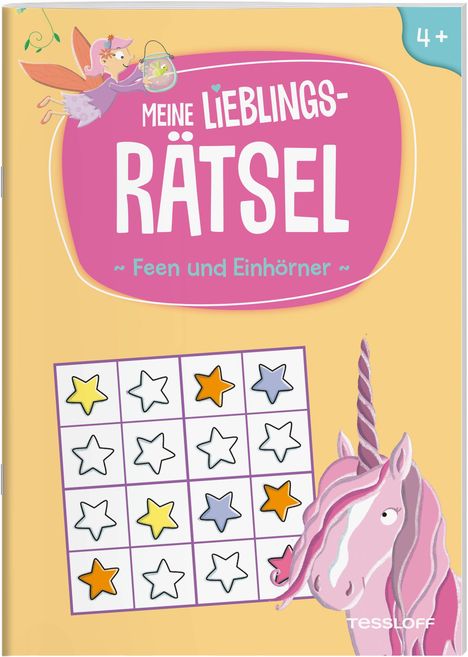 „Meine Lieblingsrätsel ~ Feen und Einhörner ~ 4+“. Eine Fee, Sternraster, Einhorn, pastellene Farbtöne.