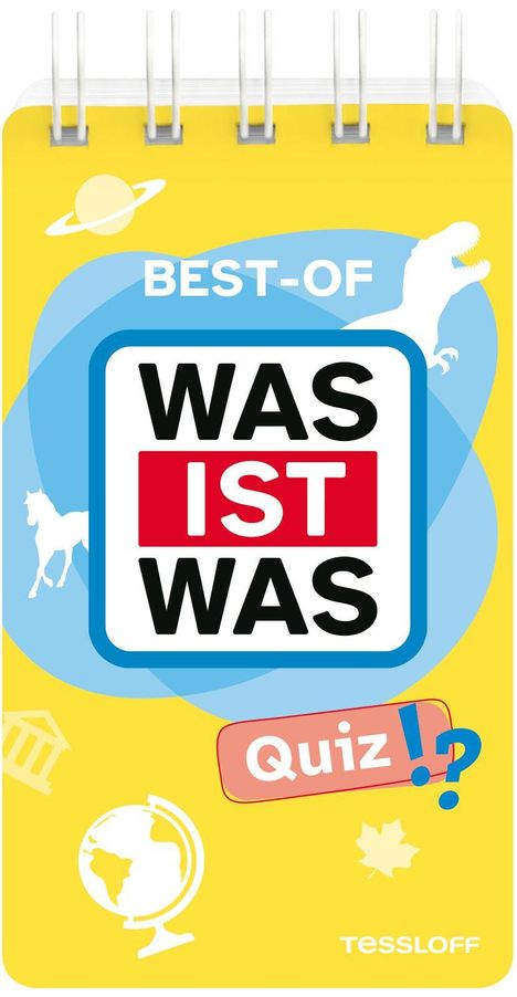 „BEST-OF WAS IST WAS Quiz!?“ in bunten Kästchen; Dinosaurier, Pferd, Globus und griechisches Tempelsymbol auf gelbem Hintergrund.