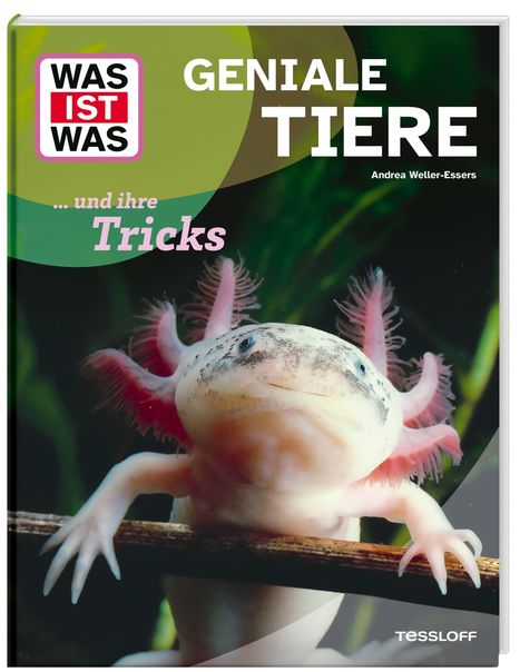 Aufschrift: "Was ist was. Geniale Tiere ... und ihre Tricks, Andrea Weller-Essers". Ein Axolotl schaut freundlich nach vorne.