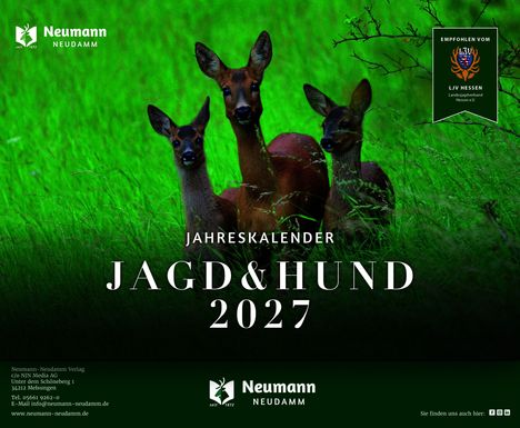 Text: "Jahreskalender JAGD & HUND 2027". Drei Rehe im grünen Gras. Logos: Neumann-Neudamm, LJV Hessen.