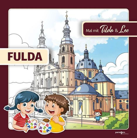 "FULDA", "Mal mit Tilda & Leo". Zwei Kinder mit Farbpaletten vor einer illustrierten Kirche, teils schwarz-weiß.