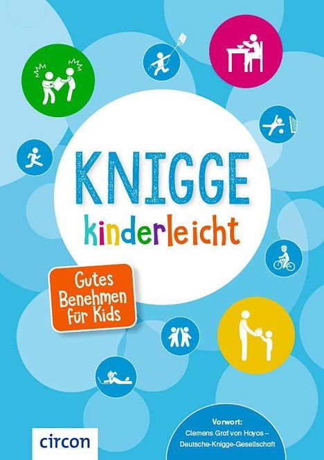 Text: „KNIGGE kinderleicht. Gutes Benehmen für Kids.“ Verschiedene bunte Symbole von spielenden und lernenden Kindern.
