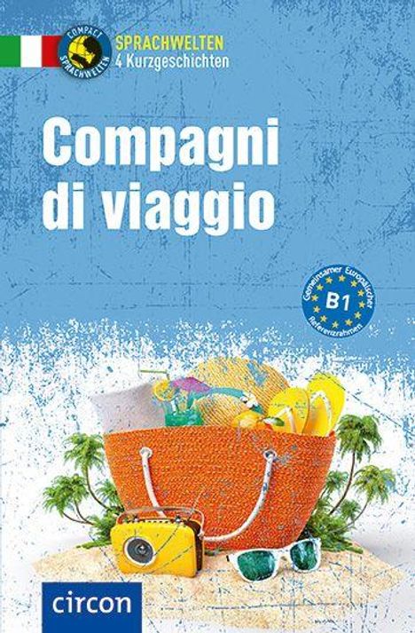 "Compagni di viaggio", Sprachwelten, 4 Kurzgeschichten. Orange Tasche mit Sommerutensilien und Kamera vor blauem Hintergrund.