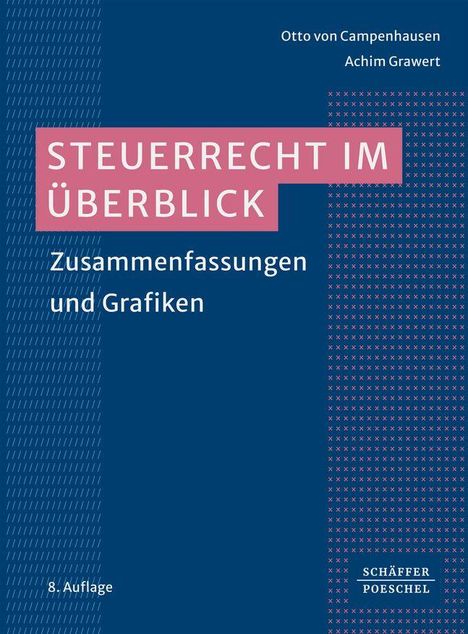 Text: "Steuerrecht im Überblick", "Zusammenfassungen und Grafiken". Titelblatt in Blau und Rosa mit Mustern.