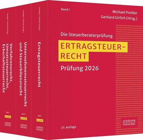Ertragsteuerrecht, Prüfung 2026. Die Steuerberaterprüfung. Vier rote Bücher mit weißen Texten. 25. Auflage.