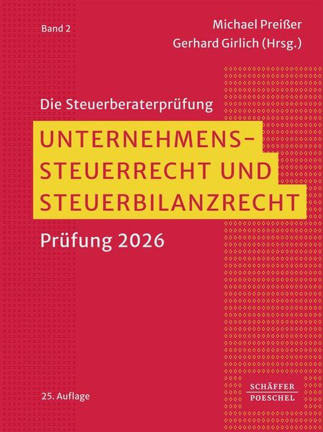 „Unternehmenssteuerrecht und Steuerbilanzrecht, Prüfung 2026.“ Rotes Cover mit gelbem Textblock.