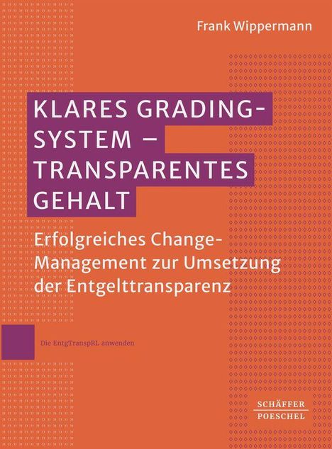 "KLARES GRADING-SYSTEM – TRANSPARENTES GEHALT" auf orange-lila Hintergrund. Rechteckige Muster, Simple Design.