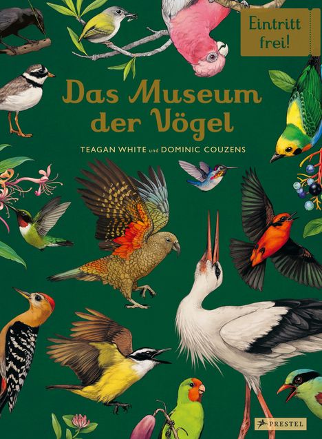 "Das Museum der Vögel", "Eintritt frei!", von Teagan White und Dominic Couzens. Bunte Vögel auf grünem Hintergrund.