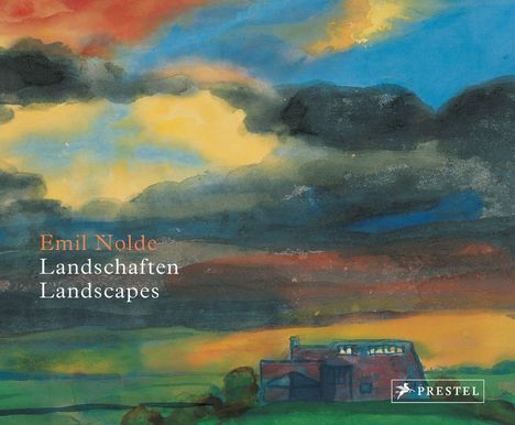 Emil Nolde, Landschaften. Dramatische Himmel in Blau, Gelb und Rot über Landschaft mit Gebäude. Prestel Logo unten rechts.