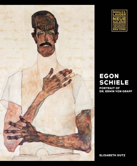 Text: EGON SCHIELE, PORTRAIT OF DR. ERWIN VON GRAFF, ELISABETH DUTZ. Illustration zeigt stilisiertes Porträt eines Mannes.